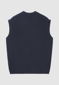 Marineblauer ärmelloser Pullover mit rundem Ausschnitt, gerippten Kanten und glatter Textur. Schlichtes Design ohne Muster oder zusätzliche Akzente.