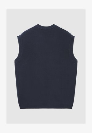 Pull sans manches bleu marine avec un col rond, des bords côtelés et une texture lisse. Design simple sans motifs ni accents supplémentaires.