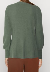 Bosgroene geribbelde trui met lange mouwen, een V-hals en een relaxte pasvorm, gecombineerd met een bruine broek, zichtbaar vanuit de achterkant.