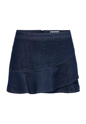 Tmavomodrá rifľová minisukňa s vrstveným, asymetrickým lemom a zapínaním na zips v páse.