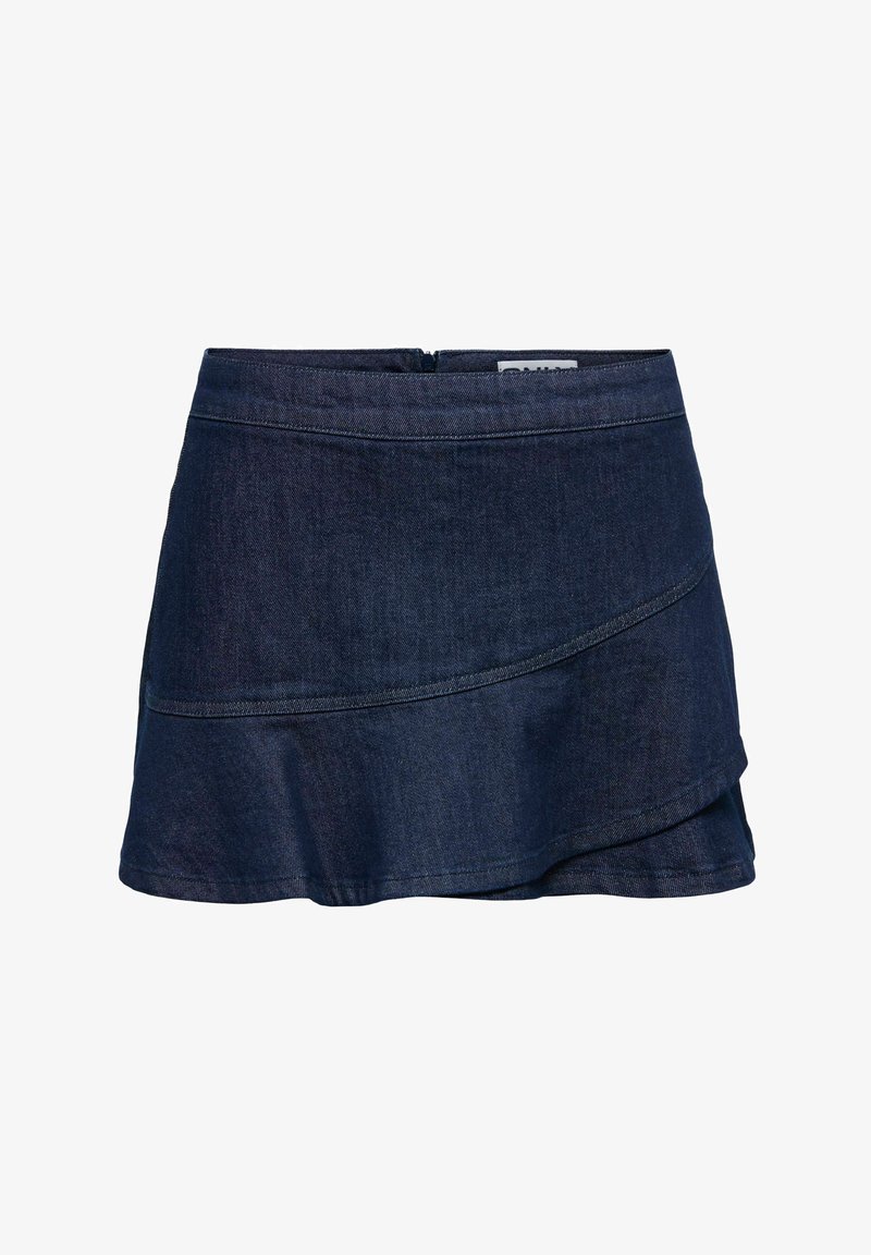 Fustă mini din denim albastru închis, cu tiv stratificat, asimetric și închidere cu fermoar la talie.