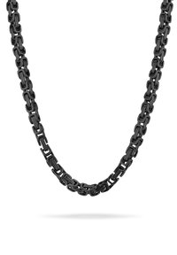 Zwarte kettinghalsketting gemaakt van in elkaar grijpende rechte schakels met een gladde afwerking, gepresenteerd tegen een witte achtergrond.