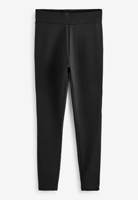 Zwarte legging gemaakt van glad, rekbaar materiaal. Heeft een brede tailleband en een aansluitend ontwerp zonder zichtbare patronen of accenten.