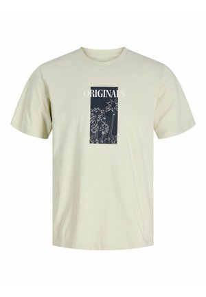 Lysebeige T-shirt i bomuld med en blå grafik med teksten "ORIGINALS" og konturer af palmetræer. Klassisk rund hals og korte ærmer.
