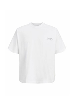 T-shirt blanc à manches courtes et col rond avec un petit texte "LUNCOMARE" et un graphisme sur le côté gauche de la poitrine, présenté sur un fond blanc uni.