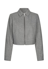 Siva jakna s herringbone uzorkom, skraćena, dugih rukava, s oštrim ovratnikom i prednjim zatvaračem. Teksturirana tkanina s strukturnim krojem.