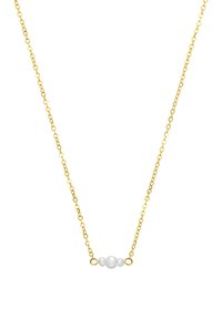 Gouden ketting met een delicate ontwerp en een gladde textuur, gekenmerkt door drie witte kralen in het midden.