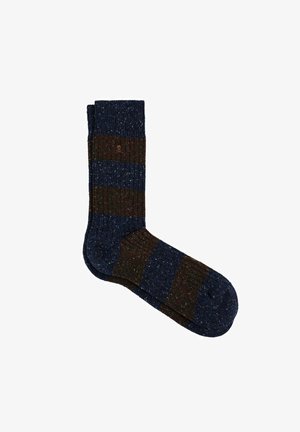 Calcetines acanalados con rayas de color azul oscuro y marrón, con destellos de color. Confeccionados en un tejido texturizado que resalta un ajuste ceñido.