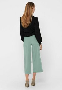 Pantaloni ampi verde menta con un design fluido, abbinati a una maglia nera a maniche lunghe. Texture liscia, orlo cropped e vestibilità sartoriale.