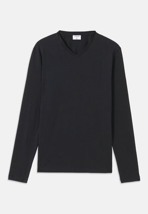 Black long-sleeve T-shirt with a V-neck design, made from soft fabric, featuring a straight cut and no visible patterns or accents.