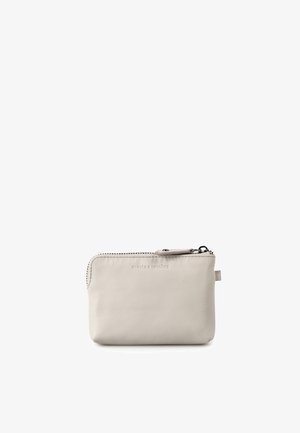 Small rectangular light gray leather pouch with black zipper closure and embossed brand name on front.