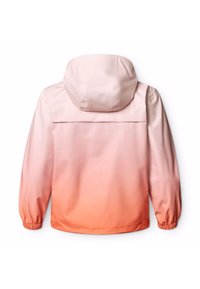 Veste avec un dégradé rose et orange, dotée d'une capuche, de poignets élastiques et d'une couture horizontale dans le dos. Matière lisse et résistante à l'eau.
