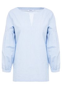 Blouse rayée bleu clair avec un col rond, des manches ballon trois-quarts et une coupe légèrement ample. Fabriquée en tissu de coton doux.