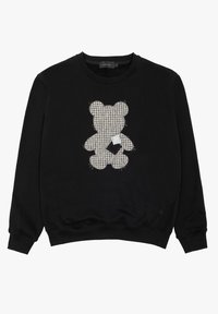 Zwarte sweatshirt met geribbelde manchetten en zoom, met een beren silhouet in een witte houndstooth patroon met rafelige randen aan de voorkant.