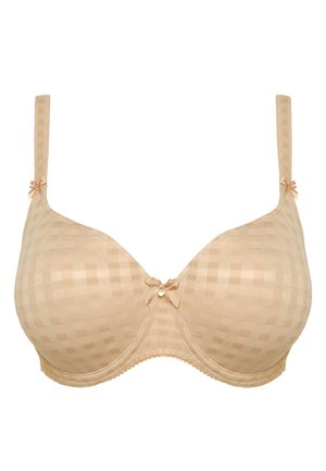 Sujetador acolchado beige con un patrón de cuadros, cuenta con tirantes ajustables, un borde con forma de ondas y pequeños lazos donde se unen los tirantes y en el centro.