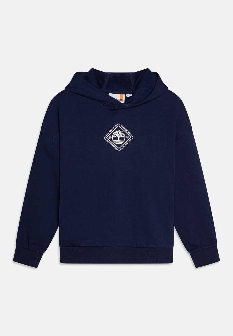 Tengerészkék kapucnis felső, fehér, gyémánt formájú logóval a mellkason, puha anyagból készült, tágas kapucnival és bordás mandzsettákkal.