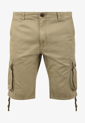 Beige cargo shorts med knappelukking, sidelommer og snøring i kanten, laget av myk og slitesterk bomull.