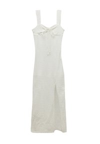 Witte jurk met een textuurafwerking, met spaghettibandjes, een strikdetail aan de voorkant en een hoge split aan één kant.
