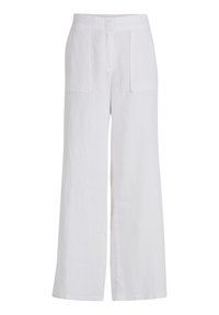 White linen wide-leg pants with a relaxed fit, featuring two back pockets and a smooth waistband. Soft texture, lightweight fabric.