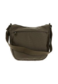 Borsa a tracolla in tessuto marrone con trama e strap regolabile, dotata di tasca frontale con zip, isolata su sfondo bianco.