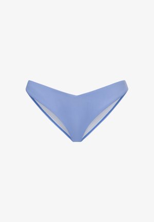 Zils bikini apakšda ar gludu, matētu tekstūru. Iezīmē V formas priekšpusi un kontrastējošu baltu apmalēm. Vienkāršs dizains.