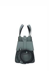 Borsa a tracolla verde in pelle con due manici, forma rettangolare, design minimalista, dotata di due tasche frontali e una tracolla removibile.