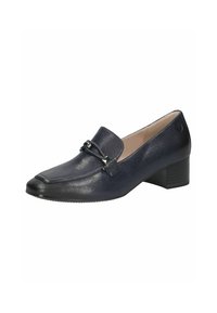 Mocasines de cuero azul marino con punta rectangular, tacón bajo y bloque, y herrajes metálicos decorativos en la parte superior. Textura suave.