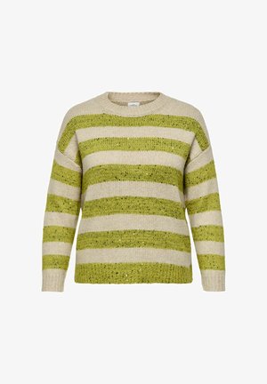 Suéter de punto con atrevidos tonos verdes y crema en rayas horizontales, escote redondo, hombros caídos y puños acanalados con un acabado texturizado.