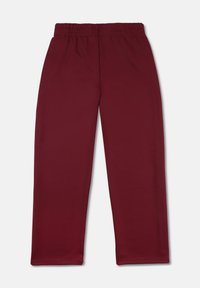 Pantalones deportivos burdeos hechos de una tela suave y elástica; cuentan con una cinturilla elástica y piernas rectas sin patrones o acentos visibles.