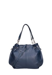 Sac à main en cuir bleu marine avec deux poignées, une bandoulière amovible et des détails en métal argenté.