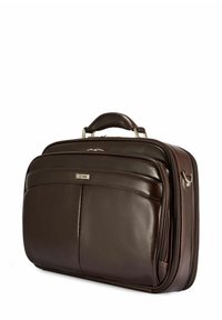Brązowa skórzana teczka o gładkiej fakturze, wyposażona w górny uchwyt, wiele zamykanych na zamek komór oraz subtelne logo.