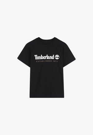 Zwart T-shirt met korte mouwen en ronde hals, met wit Timberland-logo en boomicoon, en de tekst "Established 1973" in beige eronder.