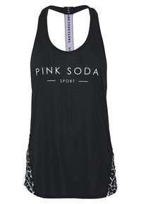 Černý sportovní top s logem "PINK SODA SPORT" v bílé barvě. Obsahuje design s otevřenými zády a boční části s bílým abstraktním vzorem.