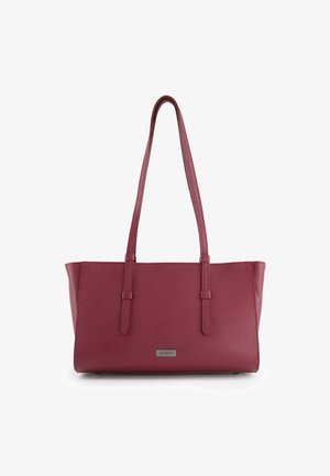 Burgundy leather tote bag with two shoulder straps, rectangular shape, textured surface, and a front silver brand plate.