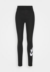 Leggings neri realizzati in un materiale liscio e elastico, con una cintura alta e un grande logo Nike bianco sulla parte inferiore della gamba sinistra.