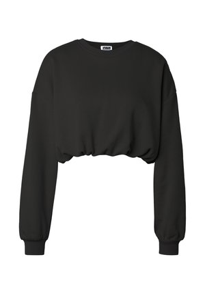 Must ristkülikukujuline dressipluus pikkade varrukatega, soonikkoes mansettide, ümara kaelusega ja voltidega äärega.