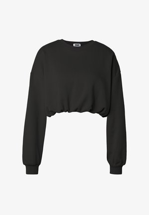 Must ristkülikukujuline dressipluus pikkade varrukatega, soonikkoes mansettide, ümara kaelusega ja voltidega äärega.