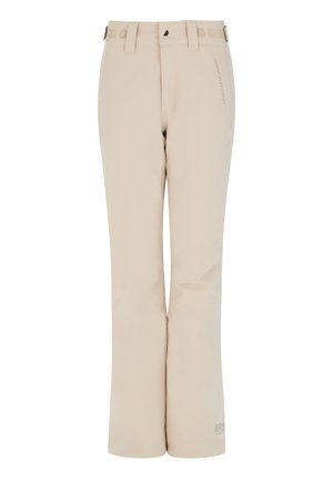 Pantalones de esquí beige con corte recto, fabricados con material resistente a la intemperie, con trabillas para cinturón y un sutil logo cerca del dobladillo.