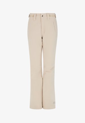 Pantalons de ski beige avec une coupe droite, fabriqués à partir d'un matériau résistant aux intempéries, dotés de passants de ceinture et d'un logo discret près de l'ourlet.