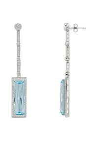 Silver-tone drop earrings featuring a rectangular light blue stone, accented with small clear crystals along the chain.