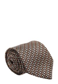 Cravatta arrotolata con un motivo geometrico in marrone scuro, con accenti grigi, arancioni e crema. Realizzata in tessuto testurizzato.