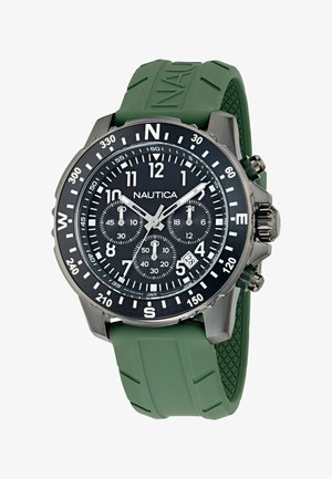 Herren-Nautica-Uhr mit schwarzem Zifferblatt, silbernen Akzenten, Datumsanzeige, Chronographenanzeigen und grünem Kautschukarmband mit strukturiertem Design.