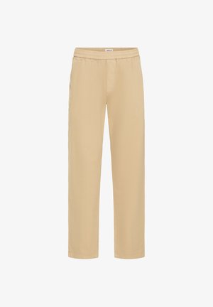 Beige pants with an elastic waistband, straight leg design, and no visible pockets. Made from a smooth, lightweight fabric.