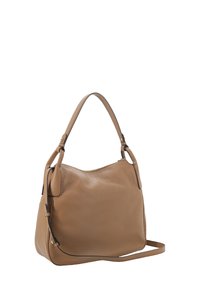 Braune Leder-Schultertasche mit einem lässigen Design, abgerundetem oberen Teil, glatter Oberfläche, goldfarbenen Hardware-Details und einem abnehmbaren Trageriemen.