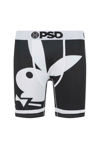 Boxer-briefs noirs avec un grand logo blanc de Playboy en forme de lapin, présentant une ceinture élastique blanche avec la marque "PSD". Texture de tissu lisse.