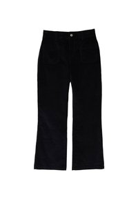 Pantalones de pana negros con un acabado texturizado, que cuentan con dos bolsillos frontales y un cierre de botón en la cintura.