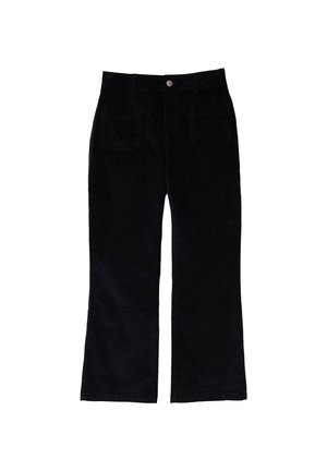 Pantalons évasés en velours côtelé noir avec une finition texturée, dotés de deux poches avant et d'une fermeture à bouton à la taille.