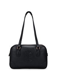 Bolso de mano de cuero negro con dos asas, cierre de cremallera, logotipo "B" en relieve en la parte frontal y detalles en tono dorado. Textura suave, forma rectangular.