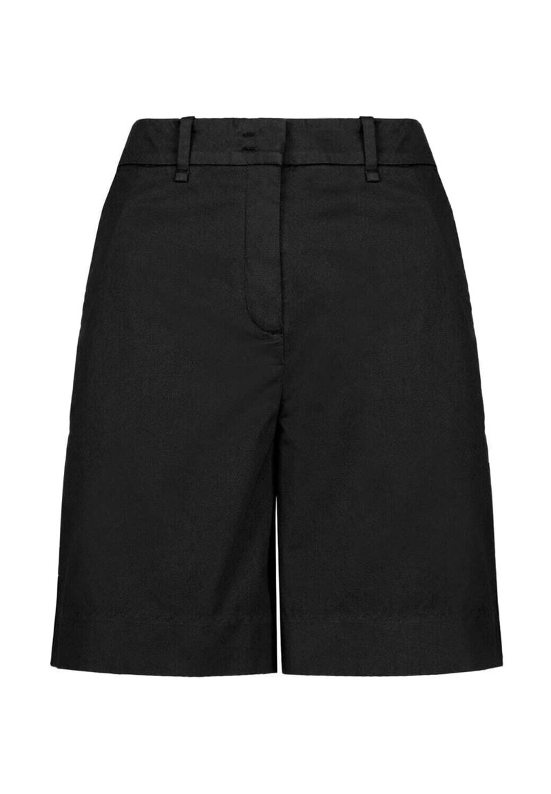 Pantaloni corti neri su misura con taglio dritto, caratterizzati da una parte frontale piatta, passanti per la cintura e una texture liscia. Nessun motivo o accento visibile.
