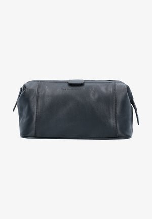 Schwarze Leder-Kulturbeuteltasche mit rechteckiger Form, flachem Boden, Reißverschluss und einem vorderen Druckknopf. Minimalistisches Design ohne sichtbare Muster.